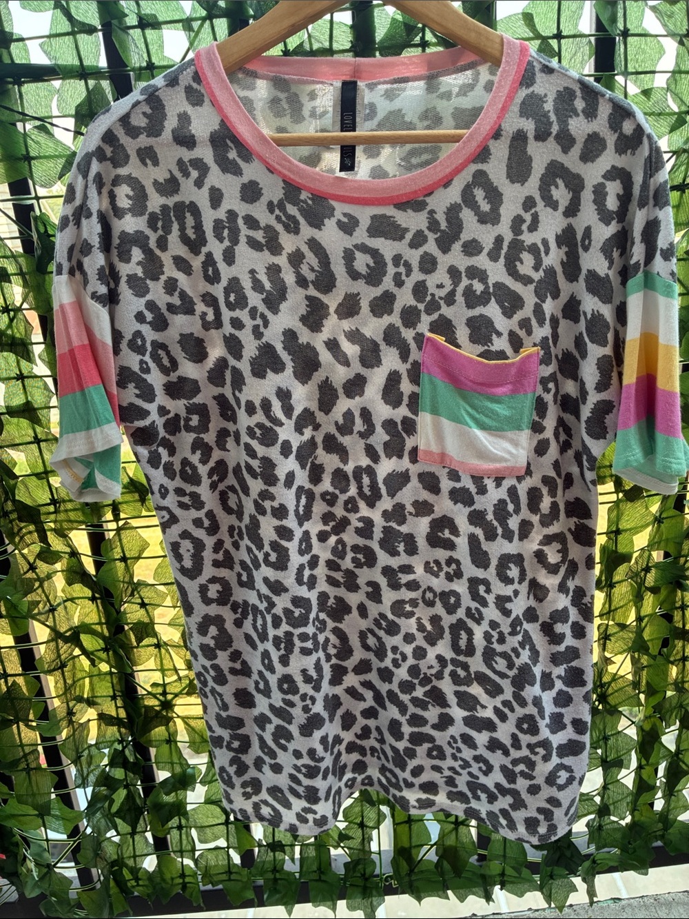Leopard Print Short Sleeve Tee with Rainbow Pocket - Pink Trim